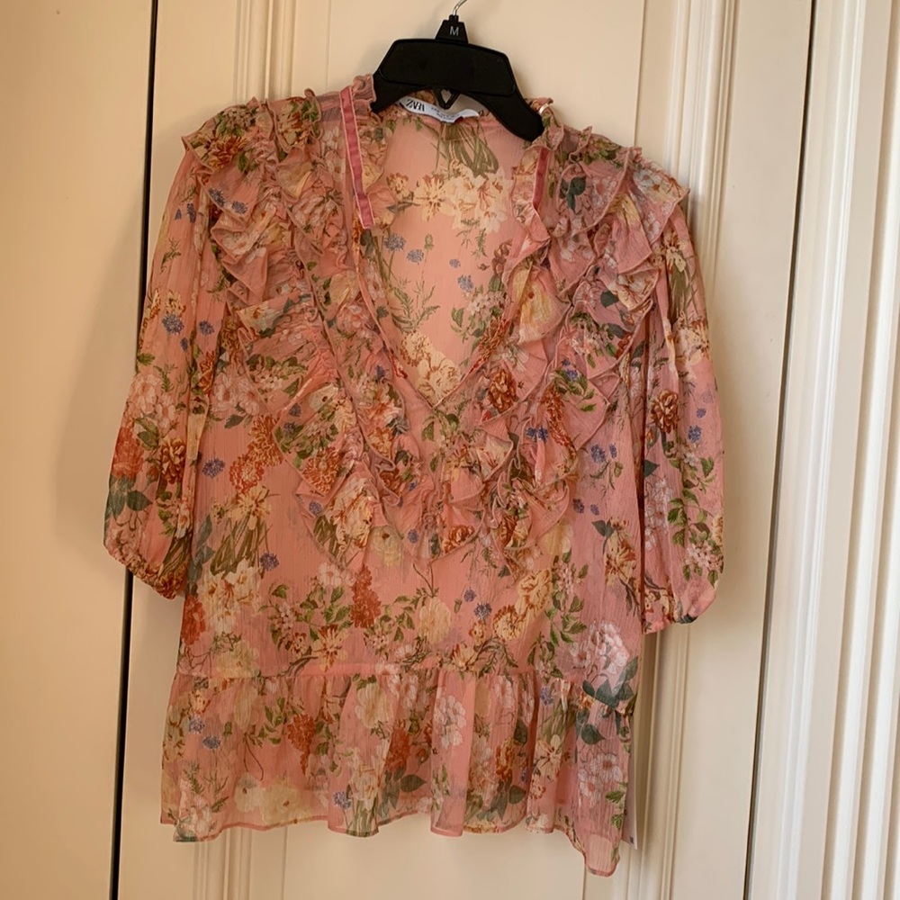 ZARA printed chiffon top with ruffles